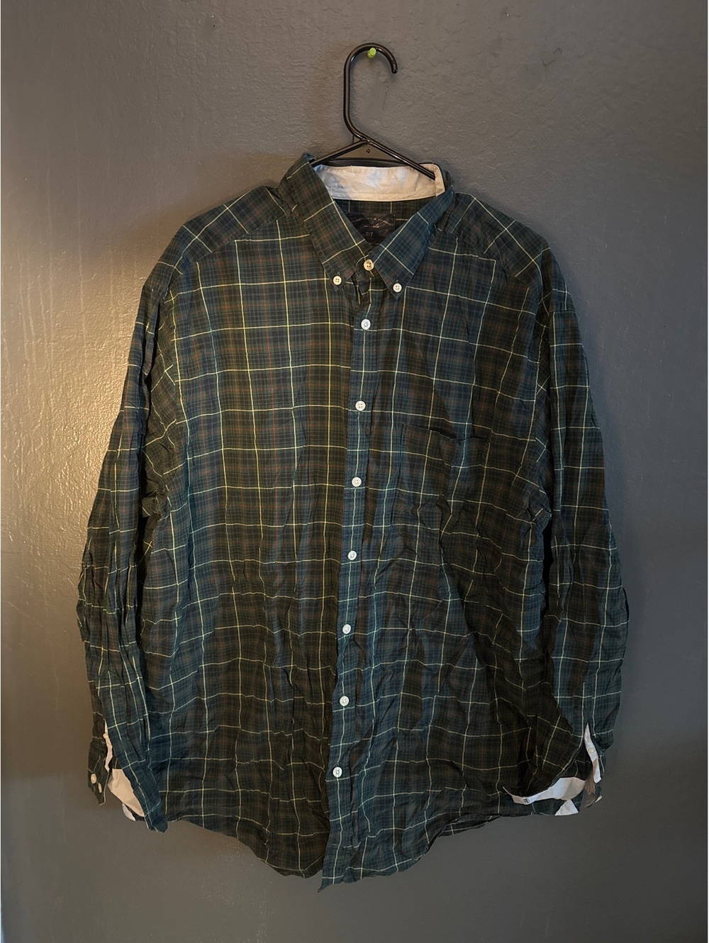 Roundtree & Yorke Men's Green and Blue Plaid Button-Down Dress Shirt 2XT